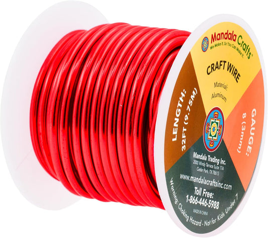 Mandala Crafts 8 Gauge Anodized Aluminum Craft Wire for Jewelry Making - 32 FT Colored Flexible Red Wire - Bendable for Bonsai Armature Crafting Sculpting - Crafty Corner