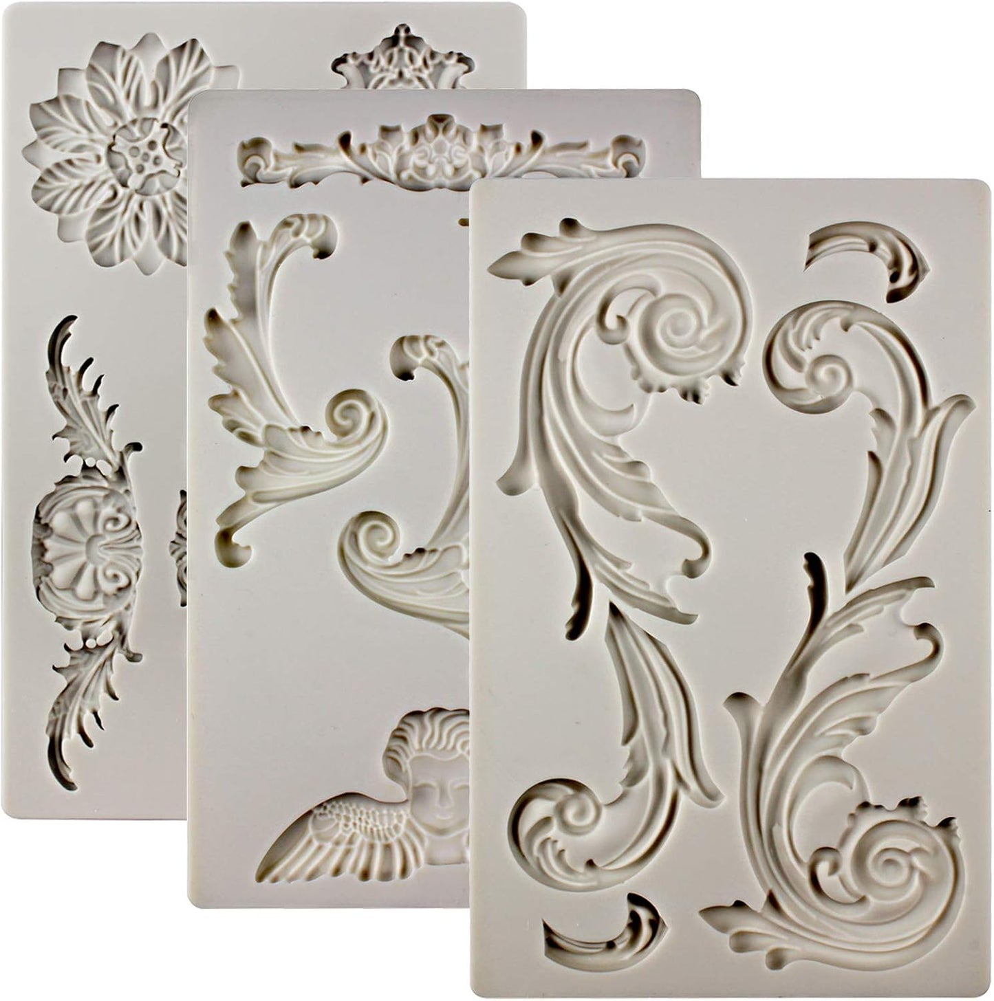 Baroque Style Ornament Curlicues Silicone Molds 3-Count Cherub Birdbath Scrollworks Art Deco Inspired Lace