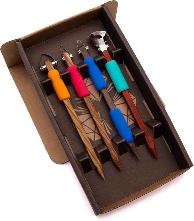 The Original DiamondCore Tools: 4-Pack Pottery Carving Tool Set ‚ P11, P19, FP1, X2, Clay Carving, Ceramic Sculpting, Sgraffito, Relief Fluting (Set 2)