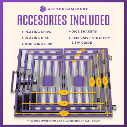Get The Games Out Backgammon Set, Classic Board Game Case, 2 Players, Includes Strategy & Tip Guide, Perfect for Parties and Family Game Nights -Small, Purple