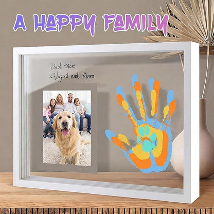 Family Handprint Keepsake Frame Kit with Photo Display – DIY 3D Floating Layered Design for Mom, Dad and Baby – Safe Non-Toxic Paint Set for Footprints – Perfect Baby Shower Gifts, New Parents Couples Keepsake, Home Decor 13.1x9.6 Inch (White)