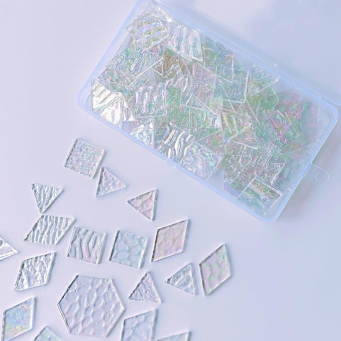 100 pcs Iridescent Glass Mosaic Tiles - 1 Inch Edge Length Mixed Shapes (Triangle, Diamond, Square, Hexagon) for DIY Crafts, Home Decor | Bulk Precut White Clear Pieces for Mosaic Art Kits
