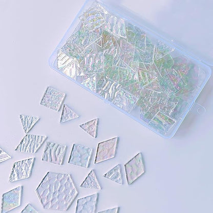 100 pcs Iridescent Glass Mosaic Tiles - 1 Inch Edge Length Mixed Shapes (Triangle, Diamond, Square, Hexagon) for DIY Crafts, Home Decor | Bulk Precut White Clear Pieces for Mosaic Art Kits