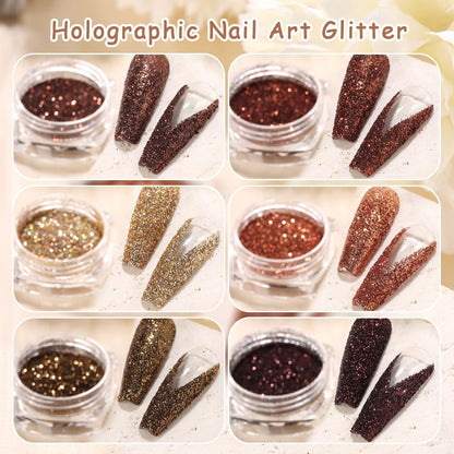 6 Colors Holographic Nail Art Glitter, Ultra Fine Metallic Shining Glitter Dust, Retro Champagne Golden Reflective Sugar Dipping Pigment for DIY Gel Polish Nail Art Decoration, Resin Craft