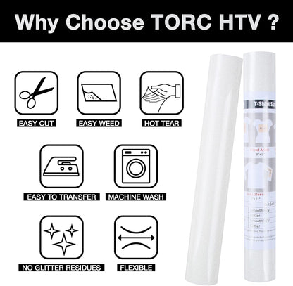 TORC White Glitter HTV Heat Transfer Vinyl Roll 12 inch x 5 ft Iron on Vinyl for T Shirts Crafts