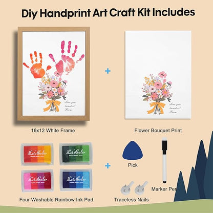 Bixinyo Flower Bouquet Handprint Kit, Mother's Day Gifts for Grandma, Mom, Grandparents from Daughter/Kids, Unique Gifts for Birthday Christmas, DIY Art Craft 12" X 16" Frame (Bow, Brown)