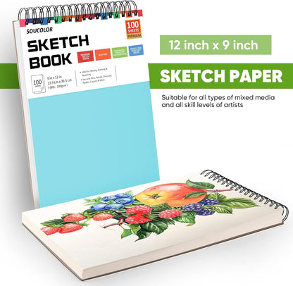 Soucolor 9" x 12" Spiral Bound Blank Sketch Notebook Journal Book- 1-Pack 100 Sheets Acid-Free 68lb/100gsm Paper, Art Sketchbook for Painting, Doodling, Journaling, Kids, Students, Adults, Beginners - Crafty Corner