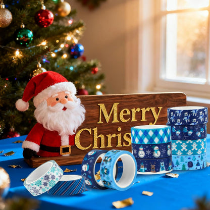 12 Rolls Winter Washi Tape Set Blue White Snowflake Snowman Holiday Masking Tape Xmas Tree Reindeer Penguin Holiday Decorative Tapes for Scrapbook Journal DIY Craft Gift Wrapping Party Decor 16.4FT