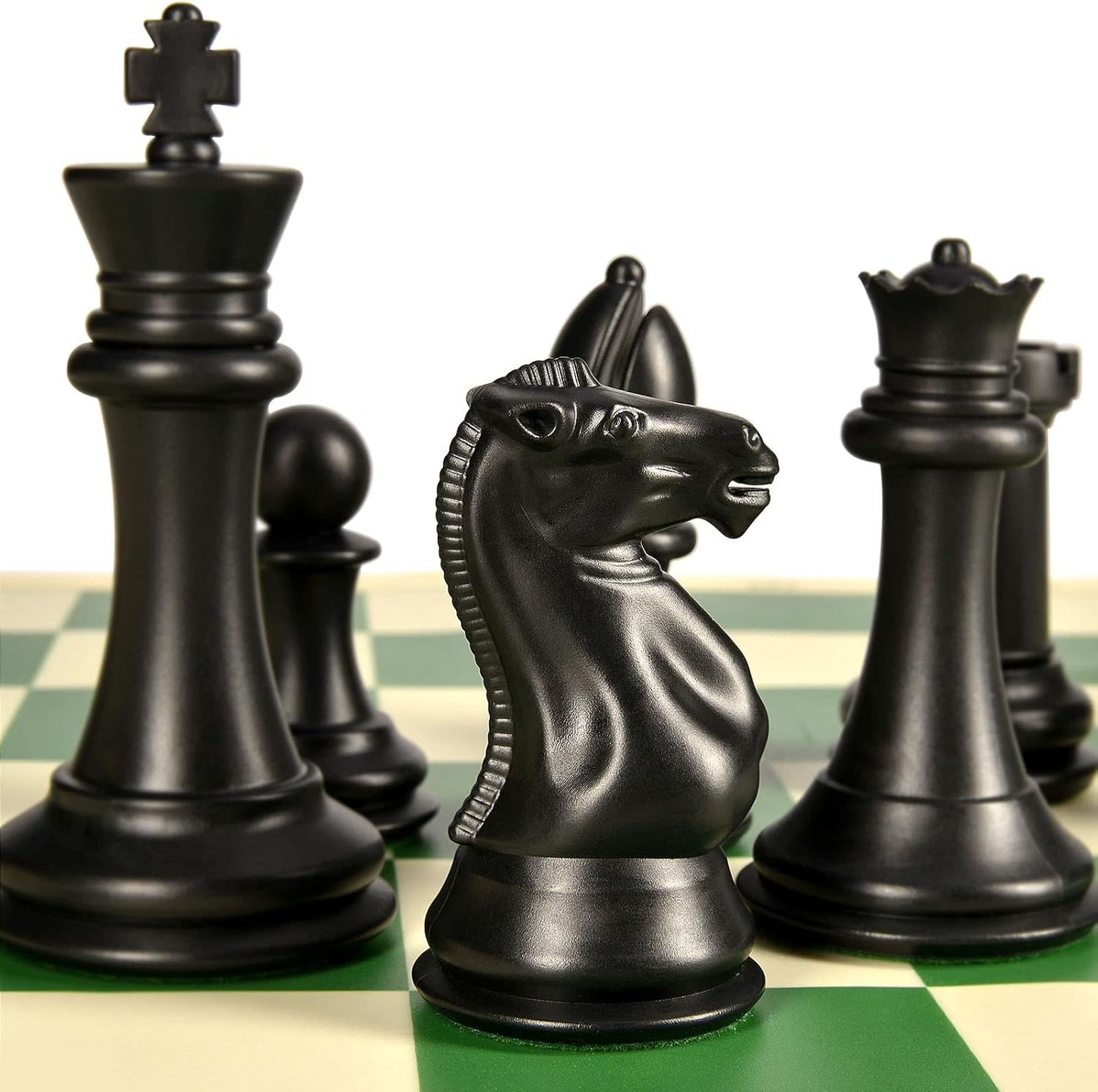 4" King Tournament Chess Set Foldable 20" Silicone Chess Board Mat with 2.2" Squares Green Color, Weighted Chess Pieces- 2 Extra Queens, Carrying Case for Storage and Travel