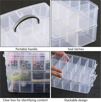 Zopnny 3-Tier Stackable Storage Container with Dividers, Clear Plastic Compartment Organizer Box for Art Crafts, Jewelry, Earrings, Sewing Supplies, Tool, 30 Grids