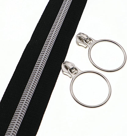 Leekayer #5 Silver Metallic Nylon Coil Zippers by The Yard Bulk 10 Yards Black Zipper Tape with 25pcs Silver Sliders for DIY Sewing Tailor Craft Bag(Black)