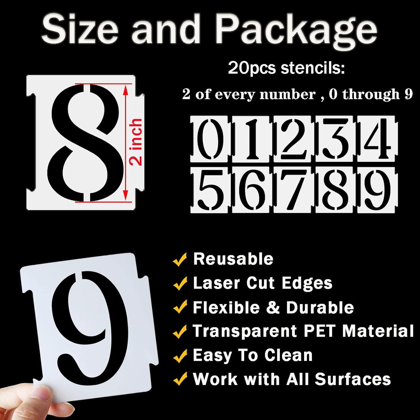 YEAJON 2 Inch Curb Stencil Kit 0-9 Address Number Stencils, 20Pcs Reusable 14 Mil Mylar Plastic Templates for Painting on Road, Wall, Wood, Mailbox
