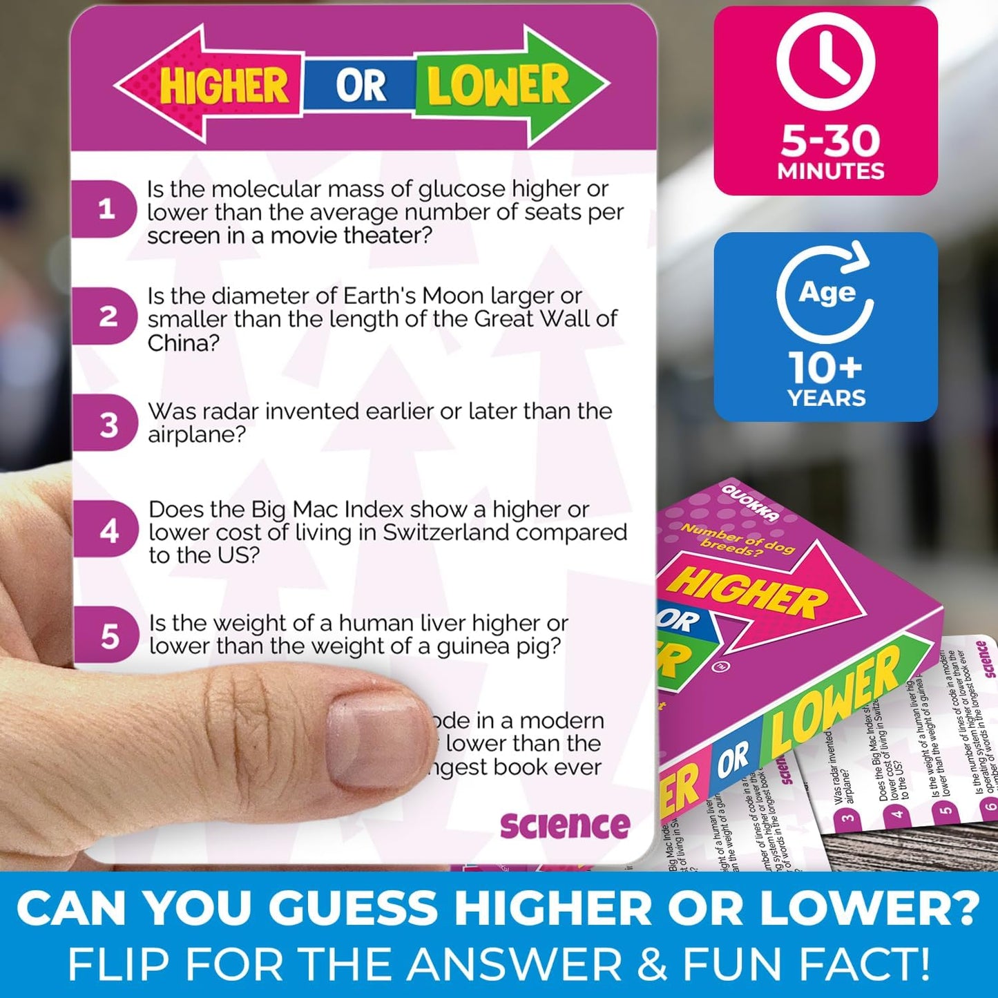 QUOKKA Trivia Board Games for Kids and Adults - Version V2.0 - Family Night Science Games 4xSet Higher or Lower Trivia Cards | Guess Fun Questions | 2 + Players - Challenge Your Science Knowledge