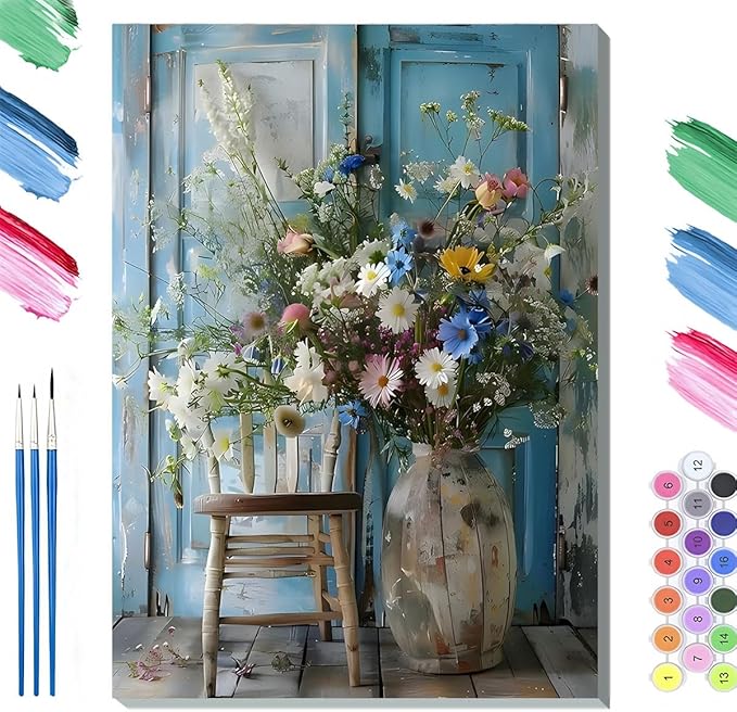 Paint by Numbers Kit for Adults Framed, Wildflower Bouquet in Rustic Vase, DIY Oil Painting, Pre-Printed Canvas Wall Art Home Decor Gift, 20x24inch Framed, 24 Colors