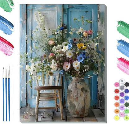 Paint by Numbers Kit for Adults Framed, Wildflower Bouquet in Rustic Vase, DIY Oil Painting, Pre-Printed Canvas Wall Art Home Decor Gift, 20x24inch Framed, 24 Colors