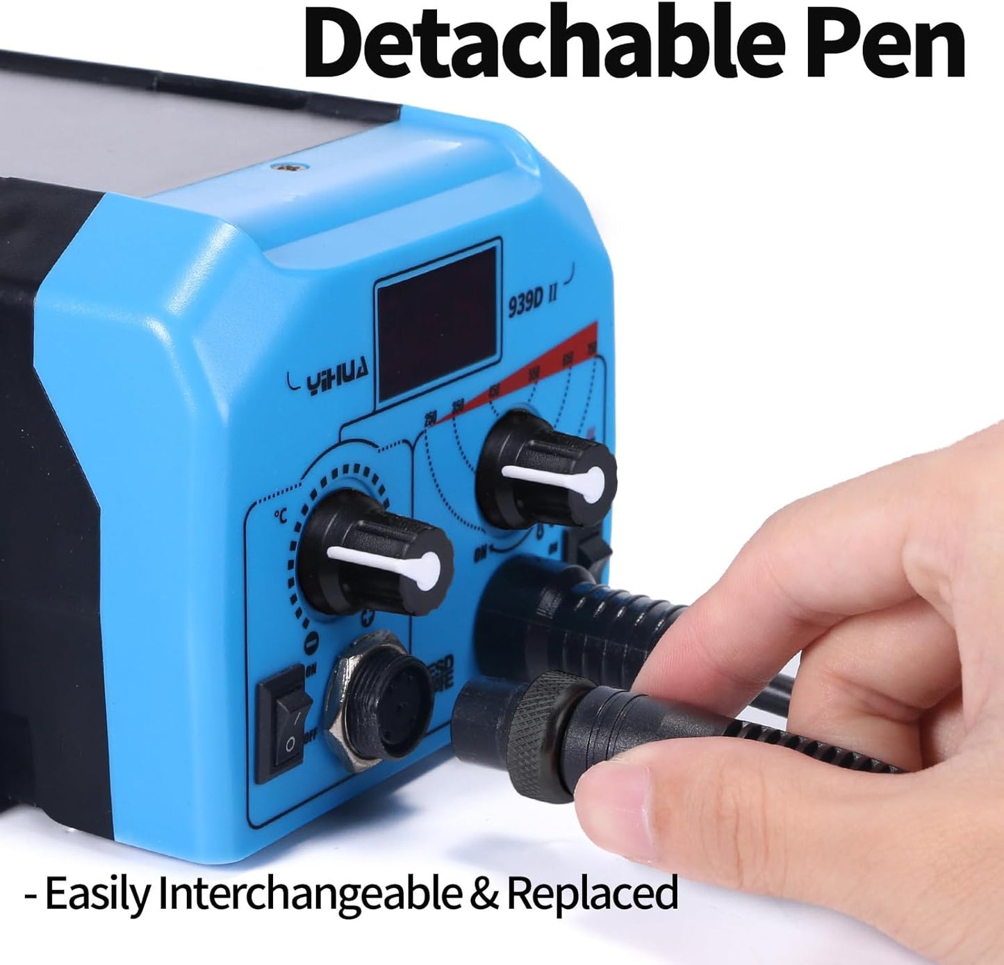 YIHUA 939D-II Pyrography Pen Wood Burning Kit Station 2-in-1 Solid-Point 200~480°C (with Temp Display)/Wire-Nib 250~750°C with 20 Nibs, Solid Points, 1 Stable Pen Holder, 2 Scrap Wood (Blue) - Crafty Corner