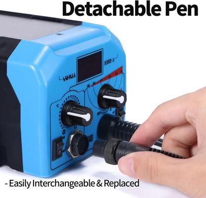 YIHUA 939D-II Pyrography Pen Wood Burning Kit Station 2-in-1 Solid-Point 200~480°C (with Temp Display)/Wire-Nib 250~750°C with 20 Nibs, Solid Points, 1 Stable Pen Holder, 2 Scrap Wood (Blue) - Crafty Corner