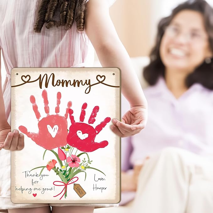 DIY Baby's First Mothers Day Handprint Flowers Hanging Sign, Pink Floral Bouquet for Mom Mommy with Kids Handprint Art Craft Keepsake Mothers Day Birthday Gifts for Mothers, Thanks for Helping Me Grow