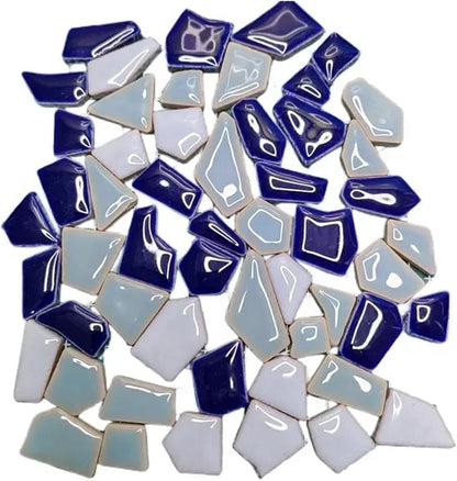 Mosaic Tiles 200g/7.05oz(Approx. 155-170pcs) Porcelain Mosaic Tiles 1-2.5cm 0.4mm Thickness Ceramic Mosaic Stones DIY Mosaic Craft Material(Blue Mix 2)