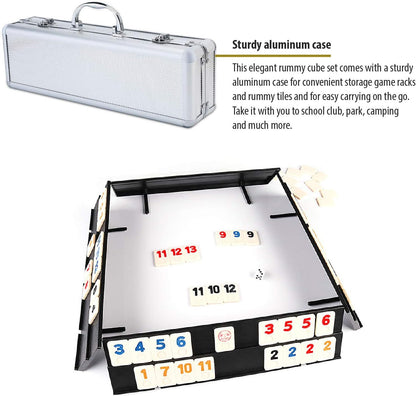 ERLLE - 106 Rummy Tiles Game Set with Aluminum Case. Deluxe Rummy Cube Game for Adults & Families, Includes 4 Anti-Skid Racks, Dice. Travel Board Game for 2-4 Players, Colorful Melamine Tiles.