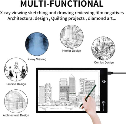 Light Box Drawing Pad A5, Tracing Board with Micro USB Cord Charge Cable and Brightness Adjustable for Artists, AnimationDrawing, Sketching, Animation, X-ray Viewing (A5) Not Rechargeable