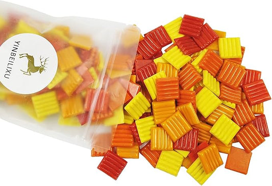 Mosaic Tiles, Glass Mosaic Pieces, 2x2cm Wavy Square Tiles, Mosaic Kits for Adults, Glass Mosaic Tiles forCrafts DIY Art, Frames, Vases Filler, Home Decor, 410g/14.5oz (Red Yellow Orange)