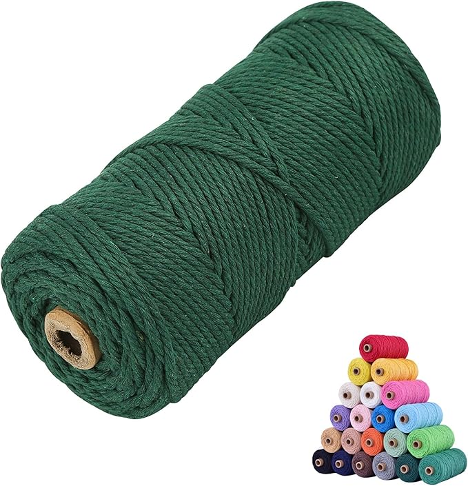 Macrame Cotton Cord 3mm x 109Yards, Dark Green Natural Macrame Rope, Perfect Macrame Supplies Cotton Cord for Macrame Plant Hangers DIY Crafts (Dark Green, 3mm*109Yards)