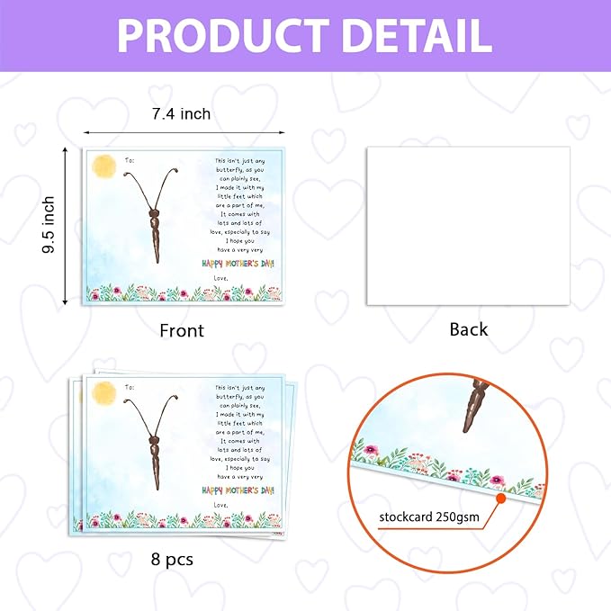 DIY Mothers Day Footprints Butterfly Art Craft Keepsake, Mothers Day Butterfly Footprint Memory Keepsake Decoration, Crafts Gifts for Mom Grandma from Kids Daycare PreK School Activity, Set of 8 Pcs