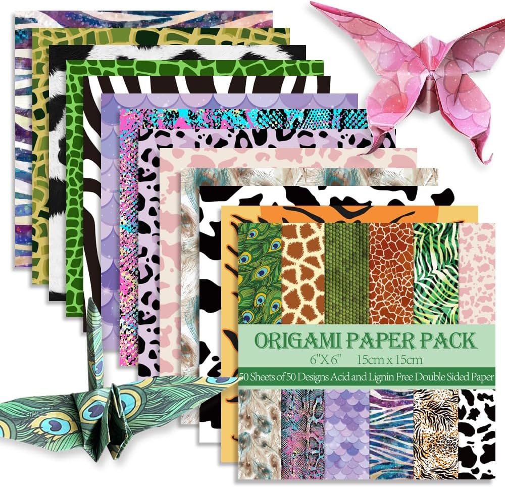 Square Origami Paper 6x6 Double Sided 50 Sheets 50 Colors 70GSM Origami Kit Japanese Chiyo Easy Fold Arts Crafts DIY Handwork Beginner Animal Fur - Crafty Corner