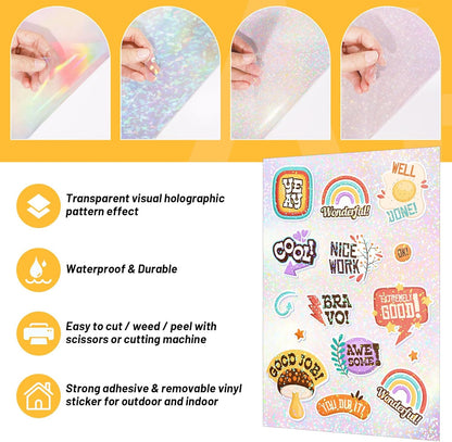 TECKWRAP Holographic Laminate Sheets for Stickers Self Adhesive Vinyl Laminating Sheets Holographic Sticker Paper Clear Vinyl for Inkjet Printer 8.26" x 11.69" A4 28 Sheets (Rainbow,Gem,Star, Sparkle)
