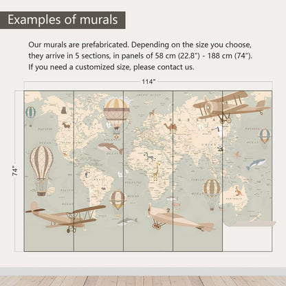 AFZEVEB-Vintage Animal Wallpaper Cartoon Aircraft Map Wall murals for Kids Room 114"x74"(Not Peel and Stick)