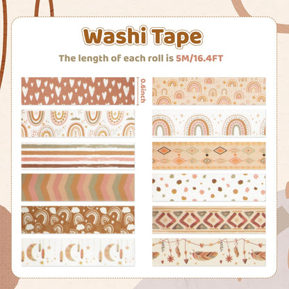 12 Rolls Washi Tape Set, Retro Boho Vintage Colored Rainbow Sun Stars Masking Tapes, Doodle Hand-Drawn Decorative Adhesive Tapes for Planners, Scrapbook, Journal, DIY Art Crafts, Gift Wrapping 16.4Ft