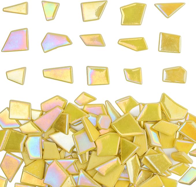 Youway Style Iridescent Glass Mosaic Tiles for Crafts Bulk,200g Yellow Broken Mosaic Glass Pieces for Garden Crafts Kits,DIY Mosaic Art Decor