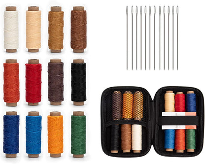 WUTA Leather Waxed Thread Round Polyester Sewing Threads with 12 Pcs Needles and Storage Bag Leather Craft Hand Stitching Line DIY Bracelet Thread Repair Work Cord (0.45mm