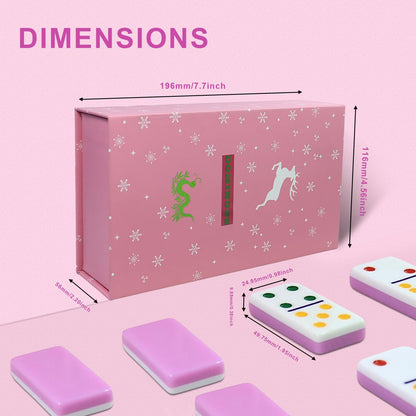 IDTQ Dominoes Set for Adults, Double 6 Dominos Game Set with 28 Domino Tiles Double with Upscale Gift Boxes -7 Polyhedral Dice -Classic Board Games (Pink)