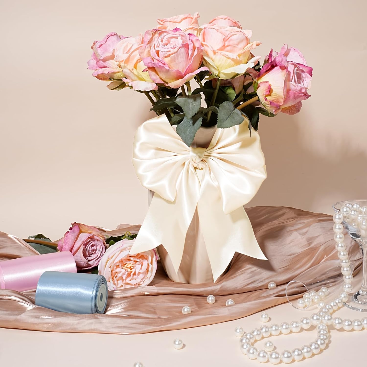 LaRibbons Nude Satin Ribbon 3 Inch 10 Yards Double Faced Luxury Nude Silk Ribbon for Gift Wrapping Flower Bouquets Bow Christmas Wedding Party Decoration - Crafty Corner