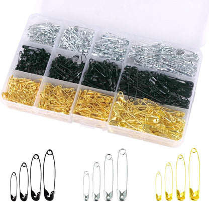 720 Pcs 3 Colors Safety Pins 4 Sizes Strong Safety Pins with Storage Box Assorted for Craft Sewing Art Clothes Jewelry Making(Gold, Black, Silver)