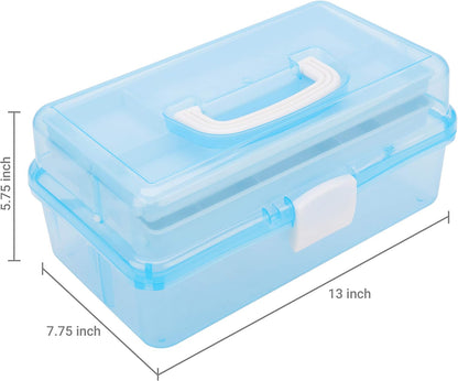 MyGift 13 Inch Transparent Blue Plastic Empty Multipurpose Storage Box with Handle, Latching Lid and 2 Expandable Trays for Tools, First Aid, Sewing Kit, Arts Crafts Supplies