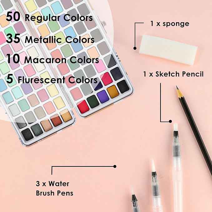 Grabie 100 Colors Watercolor Paint Set - 50 Regular, 35 Metallic, 10 Macaron and 5 Fluorescent Colors - Portable with Carrying Case, Water Brush Pens, and Accessories - For Beginners and Professionals