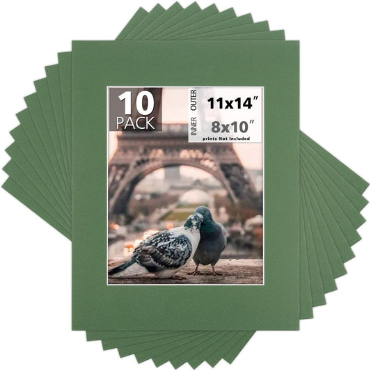 Mat Board Center, Pack of 10, 11x14 for 8x10 Basque Green Color Mats - Bevel Cut, Acid Free, 4-ply Thickness, White Core - for Pictures, Photos, Framing