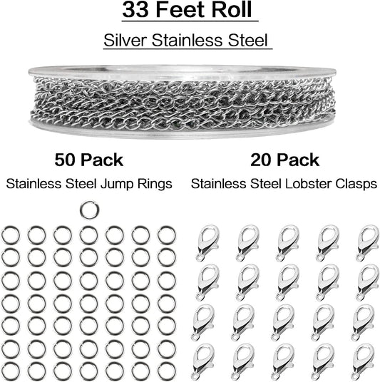 Jishi 33ft Necklace Extender Chain 3mm Silver Stainless Steel Curb Link Chain for Jewelry Making, Bracelet Necklace Extender DIY, Keychain Craft Supplies, Metal Chain Roll w/Lobster Clasps, Jump Rings