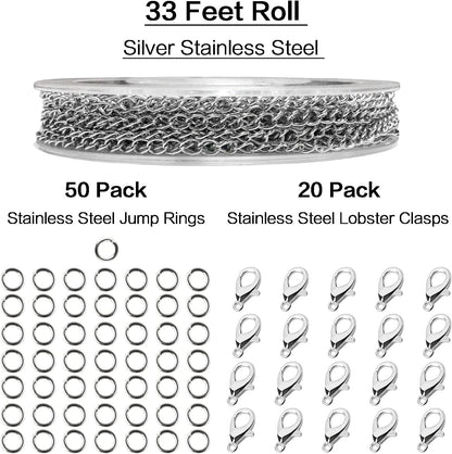 Jishi 33ft Necklace Extender Chain 3mm Silver Stainless Steel Curb Link Chain for Jewelry Making, Bracelet Necklace Extender DIY, Keychain Craft Supplies, Metal Chain Roll w/Lobster Clasps, Jump Rings