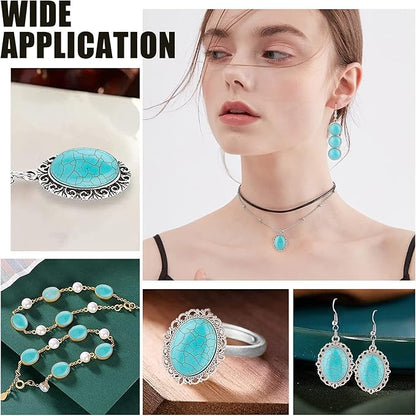PH PandaHall 84pcs Synthetic Turquoise Stone Cabochons, 7 Sizes Blue Texture Gemstone Tiles Oval Flat Round Dome Bead Stone Cabochon Tile for Bracelet Necklace Earrings Cameo Jewelry Making, 6~40mm