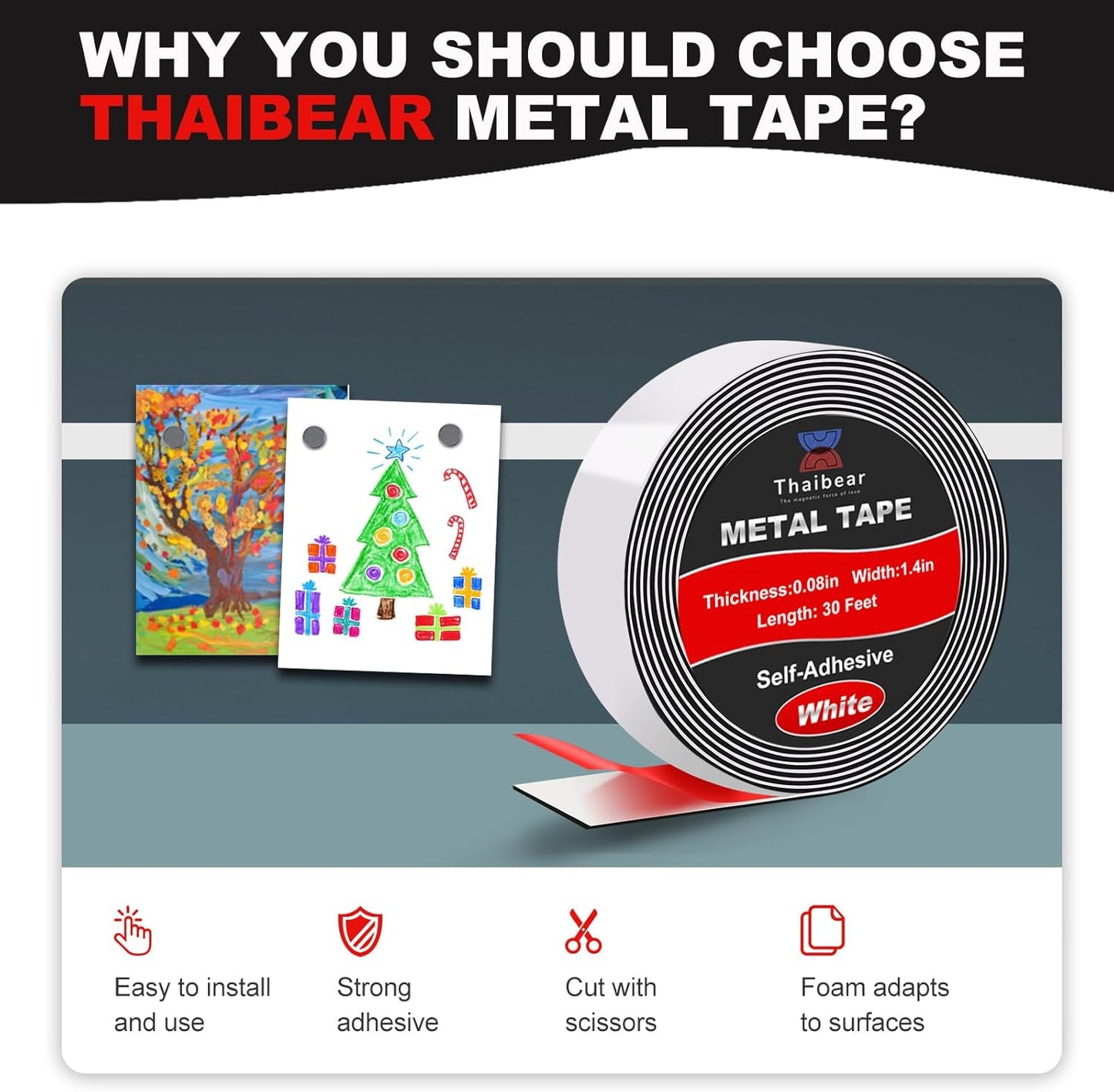 Thaibear Self Adhesive Metal Tape for Magnets (1.4'' Wide x 30 ft Long) Flexible Metal Strips for Magnets, Ferrous Tape for Magnets, Stick Metal Magnetic Tape Strips Roll with Adhesive Backing