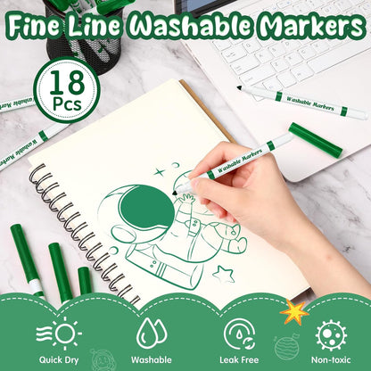 18 Pcs Line Washable Markers Bulk Green Fine Tip Markers Set Coloring Thin Tip Drawing Washable Pen for Kids Art School Classroom Back to School Gender Reveal Party Supplies, Ages 6+