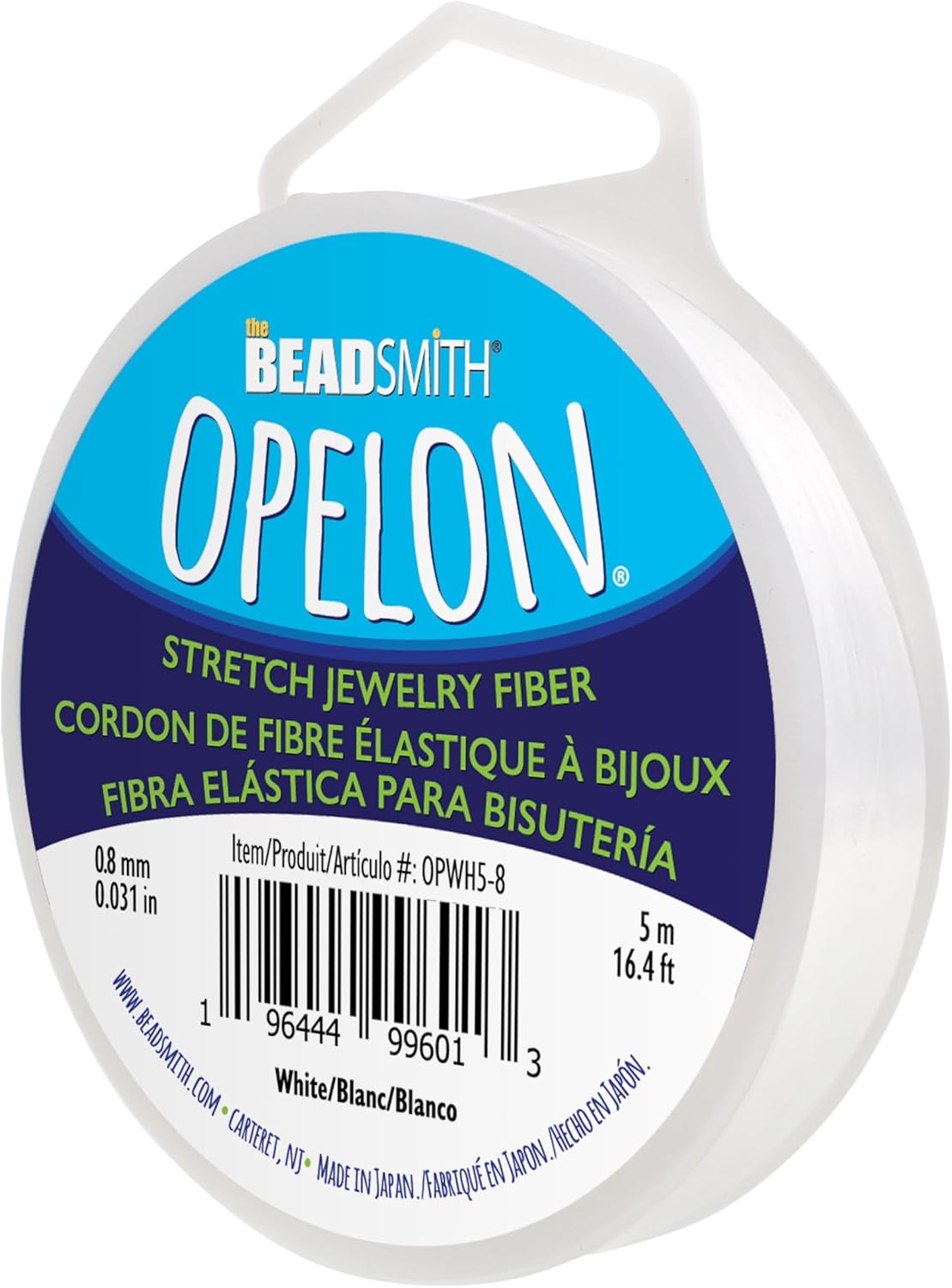 The Beadsmith Opelon Stretch Cord – Elastic Beading Fiber, White, 0.8 mm Diameter, 5 Meters (16.4 ft) Spool