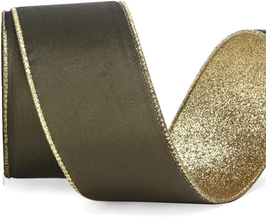 Ribbli Dark Moss Velvet Wired Ribbon 2.5 Inch Moss Green Velvet with Gold Glitter Christmas Ribbon for Christmas Tree Decoration Big Bow Gift Wrapping Crafts Wreaths Supplies- 10 Yards - Crafty Corner