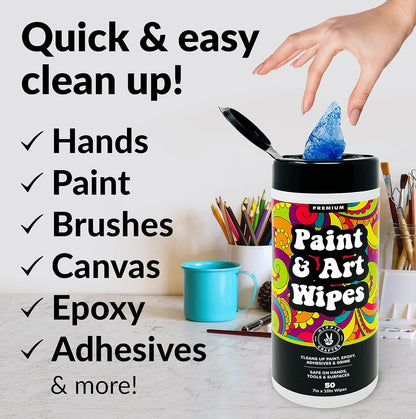 Paint and Art Wipes, Heavy-Duty Cleaner for Paint, Epoxy, Glue, Latex & Acrylic Stains, 1 Pack (50 Wipes), Safe for Hands, Brushes, Plastic, Metal, Wood & Floors