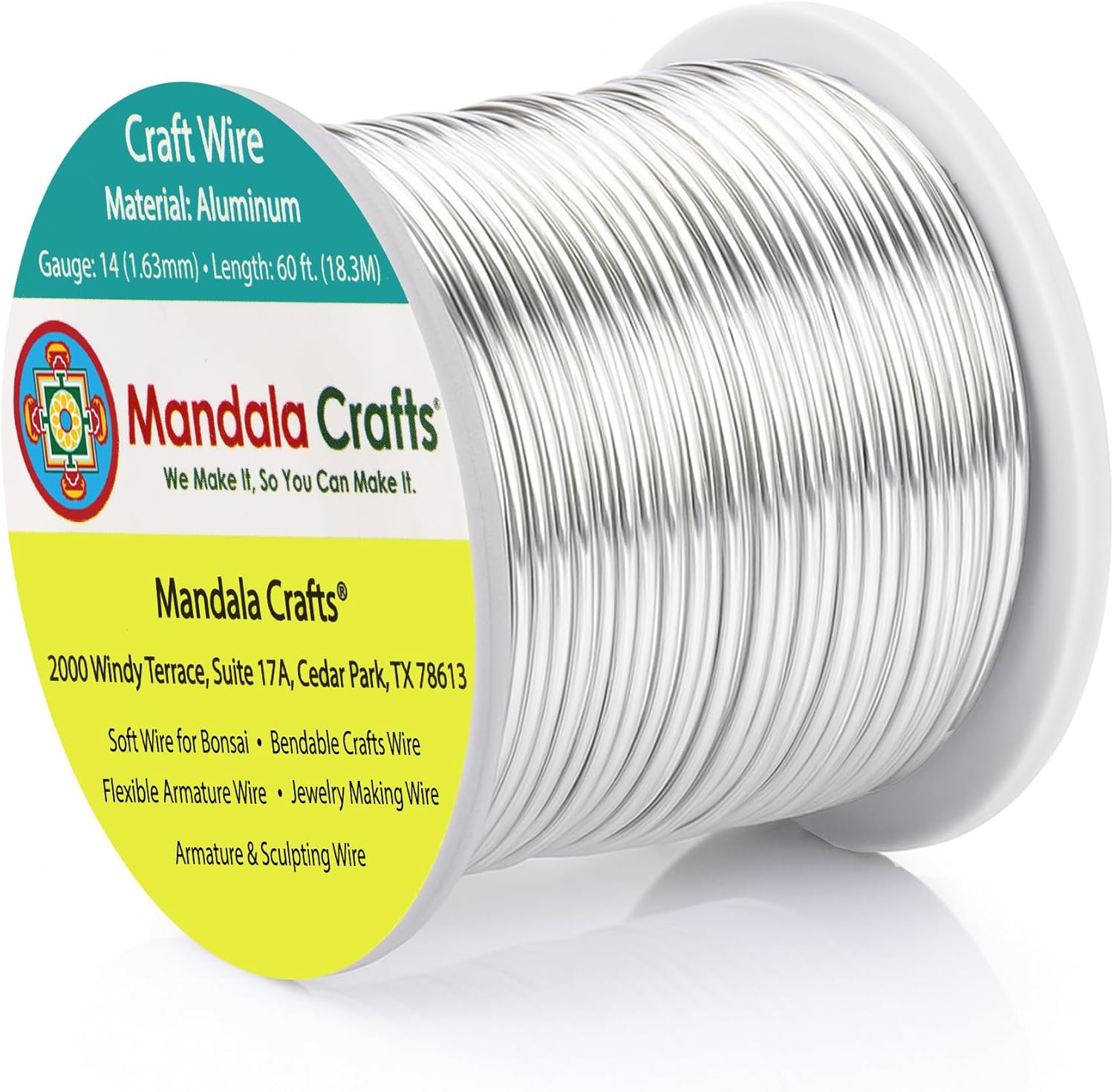 Mandala Crafts 14 Gauge Anodized Aluminum Craft Wire for Jewelry Making - 60 FT Colored Flexible Silver Tone Wire - Bendable for Bonsai Armature Crafting Sculpting - Crafty Corner