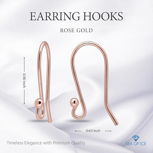 SEA OF ICE 925 Rose Gold flashed Sterling Silver Ear Wires Ball End Earring Hooks for Drop Dangle Earrings Jewelry Making, DIY Jewelry Findings Parts 24 Pcs/ 12 Pairs